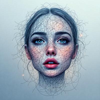 The primary subject of the image is a woman with a pouty mouth and blue eyes. She is the main focus of the image. The setting is a white background, which provides a clean and minimalistic environment. The visual style is digital art, as the woman is depicted in a 3D digital format. The colors and mood of the image are predominantly blue, giving it a calm and serene atmosphere.